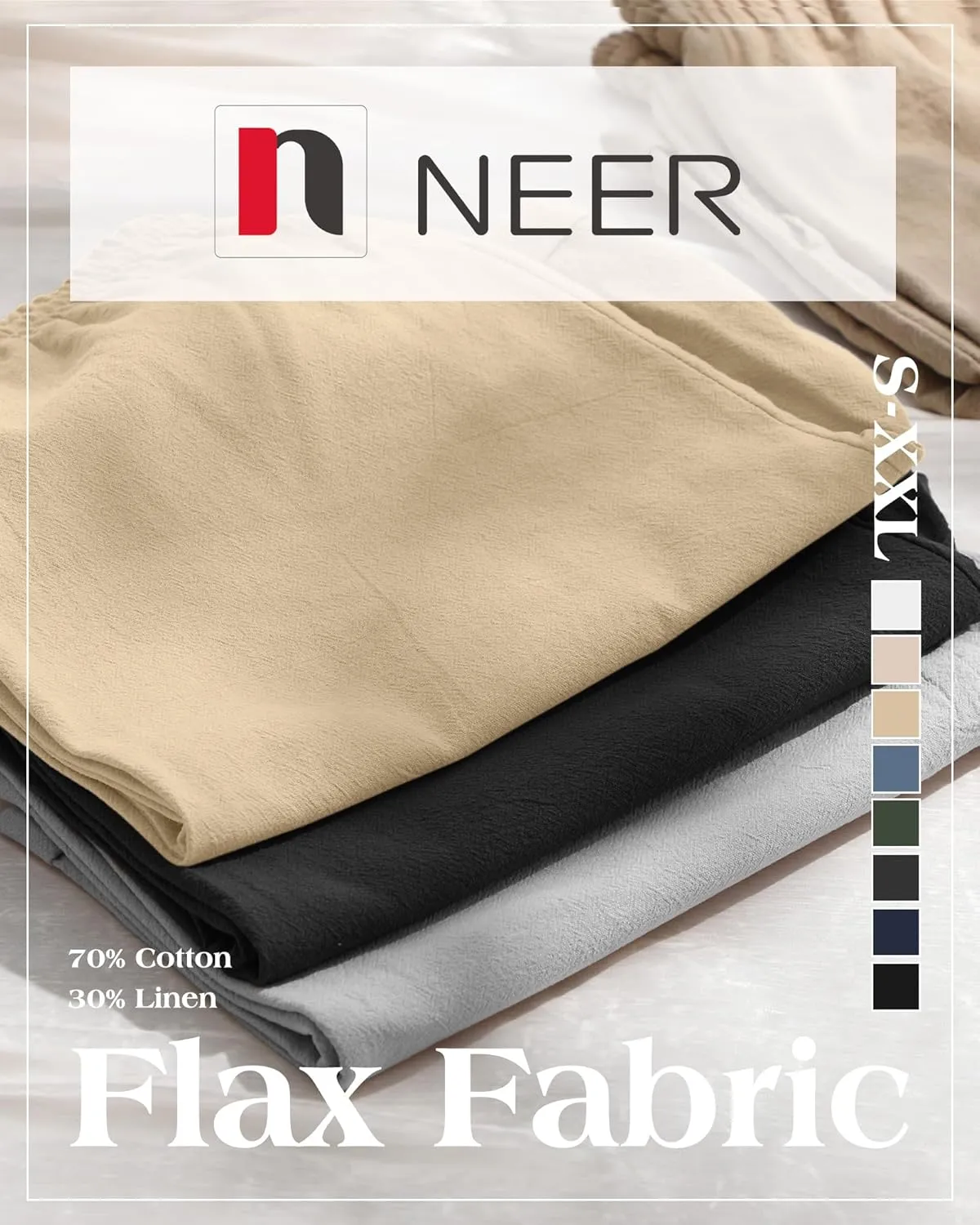 Neer 2 Pack Men's Cotton Linen Bermuda Flat Front Shorts, 7" Casual Elastic Waist Drawstring Summer Beach Shorts with Pockets