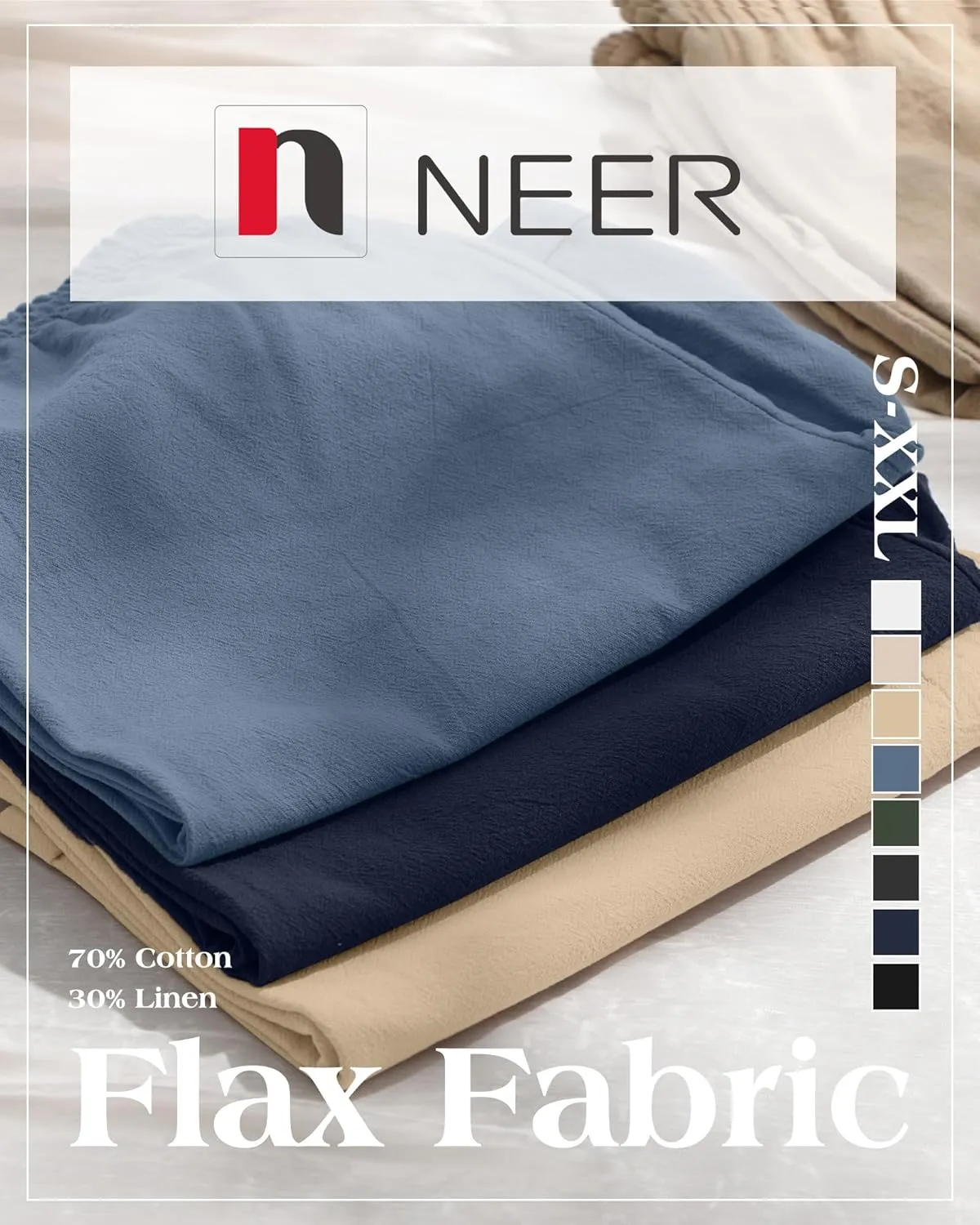 Neer 2 Pack Men's Cotton Linen Bermuda Flat Front Shorts, 7" Casual Elastic Waist Drawstring Summer Beach Shorts with Pockets