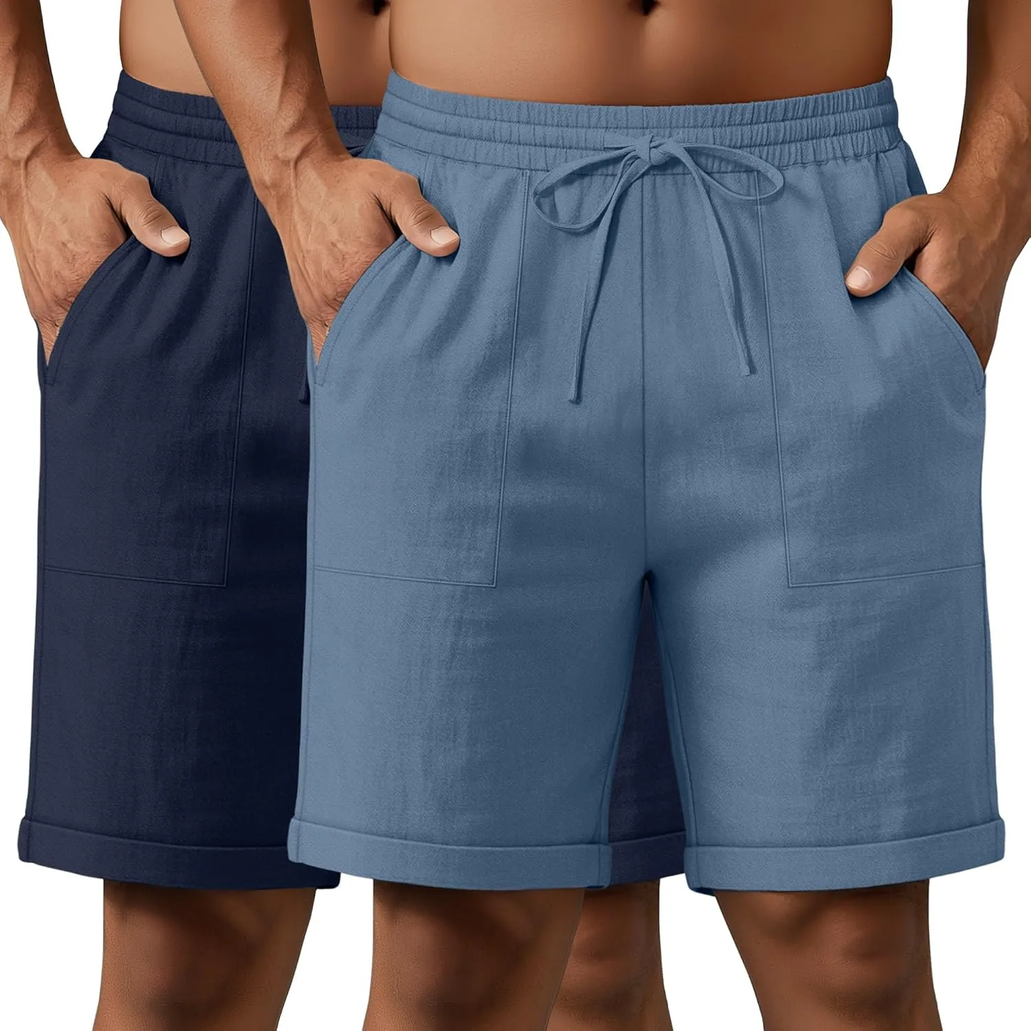 Neer 2 Pack Men's Cotton Linen Bermuda Flat Front Shorts, 7" Casual Elastic Waist Drawstring Summer Beach Shorts with Pockets