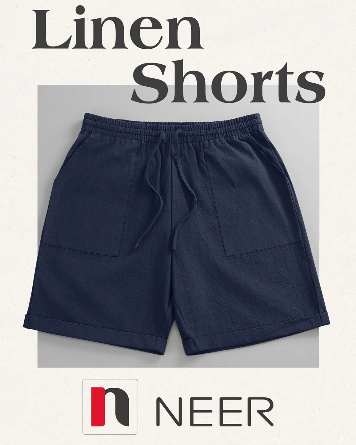 Neer 2 Pack Men's Cotton Linen Bermuda Flat Front Shorts, 7" Casual Elastic Waist Drawstring Summer Beach Shorts with Pockets