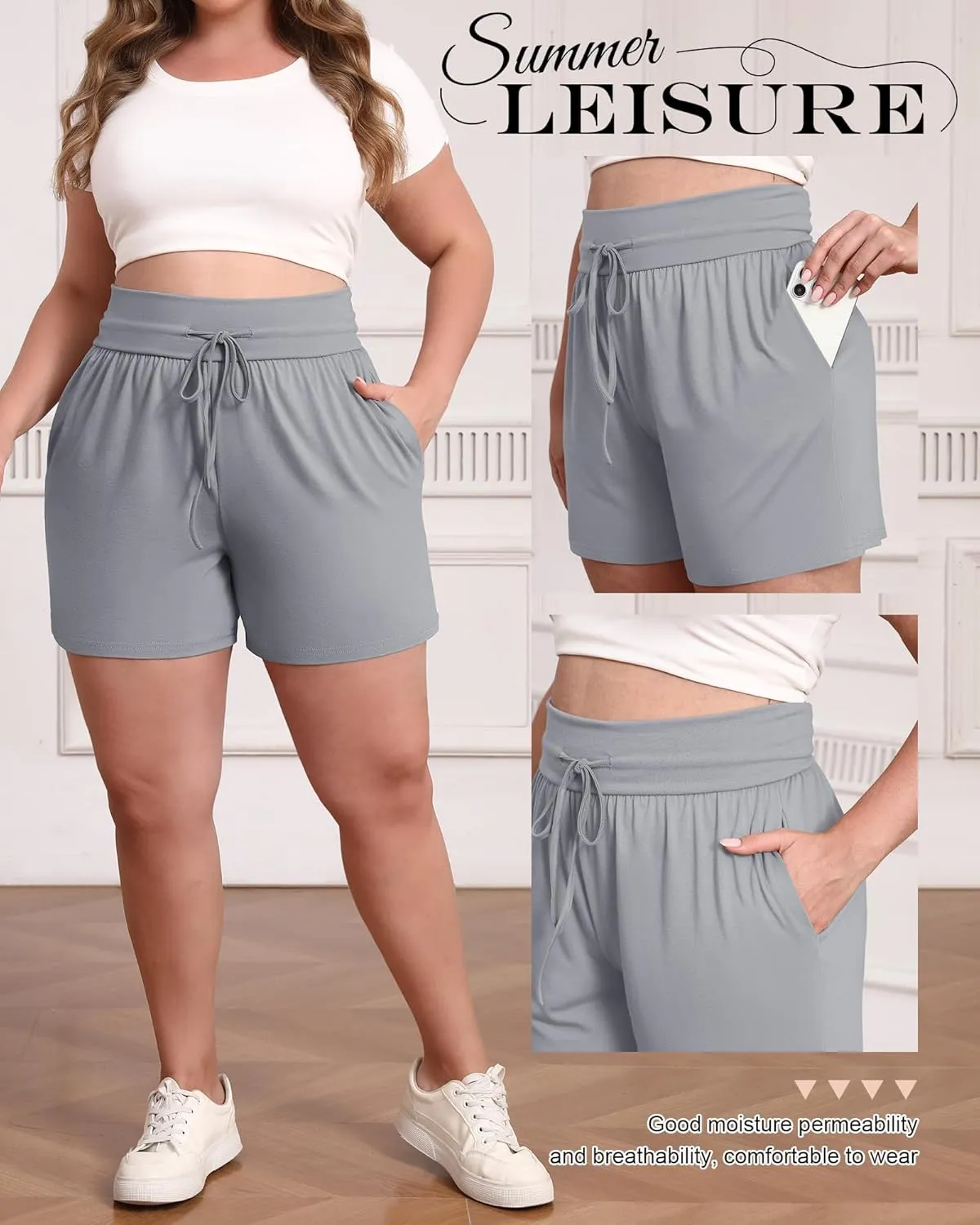 Neer 3 Pack Women's Plus Size Sweat Shorts, Cotton Drawstring Lounge Shorts Casual Summer Lightweight Soft Short with Pockets