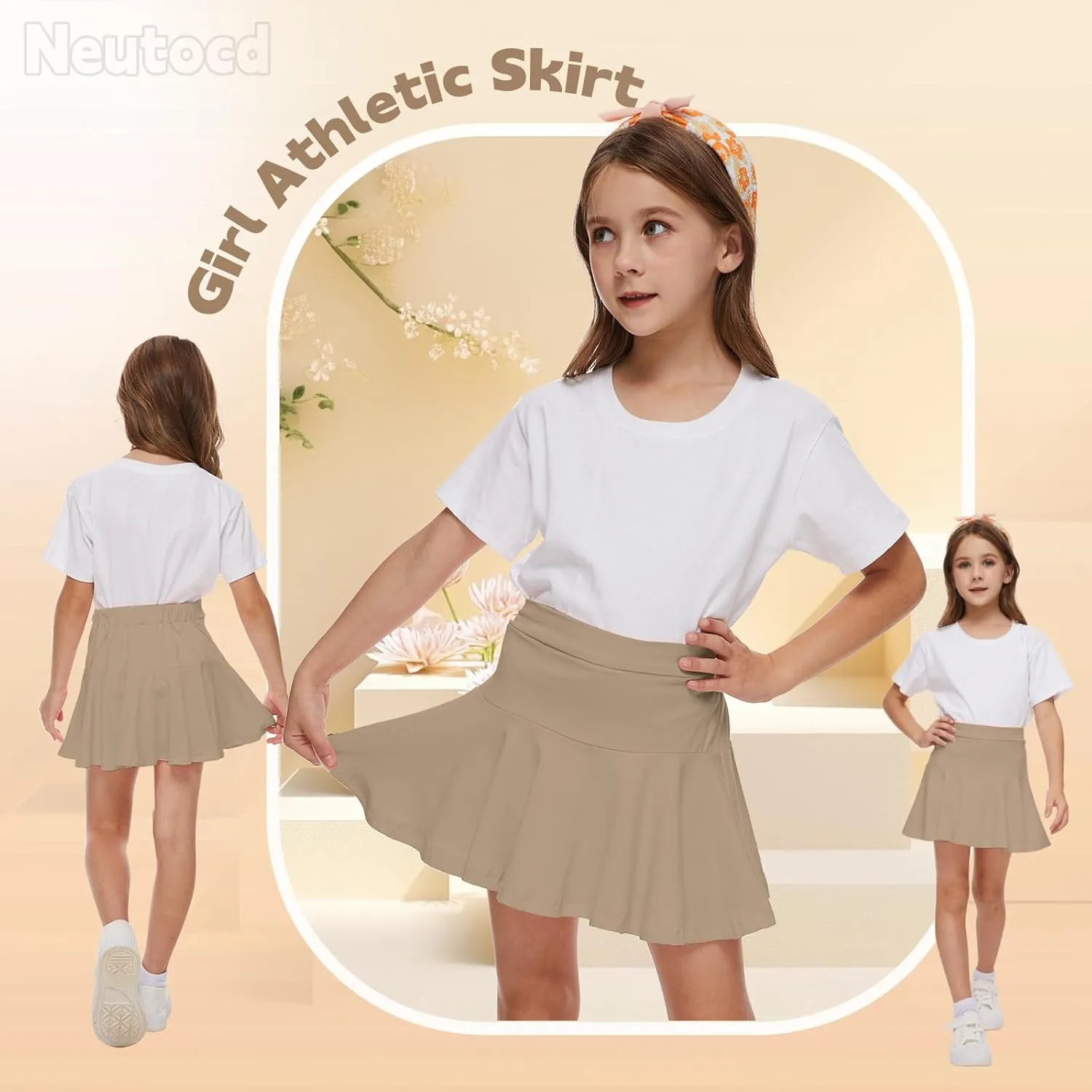 Neutocd Toddler Baby Girls Skirts Skorts Elastic Girl Pleated Skirts Kid Casual Stretch Waist Skater Skort Built in Shorts