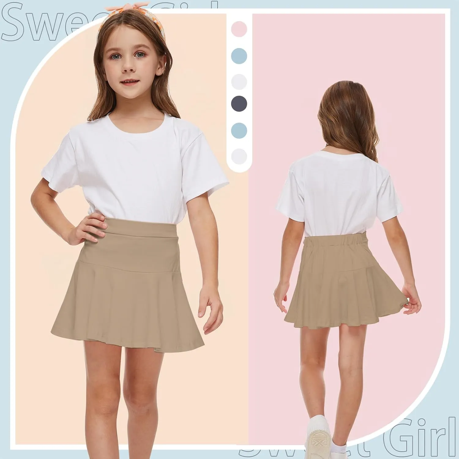 Neutocd Toddler Baby Girls Skirts Skorts Elastic Girl Pleated Skirts Kid Casual Stretch Waist Skater Skort Built in Shorts