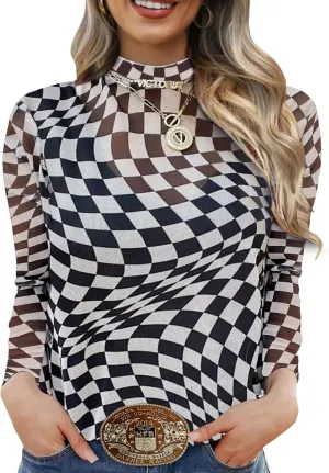 OFEEFAN Mesh Long Sleeve Tops for Women Trendy Fashion Western Shirts See Through Going Out Tops for Women S-3XL