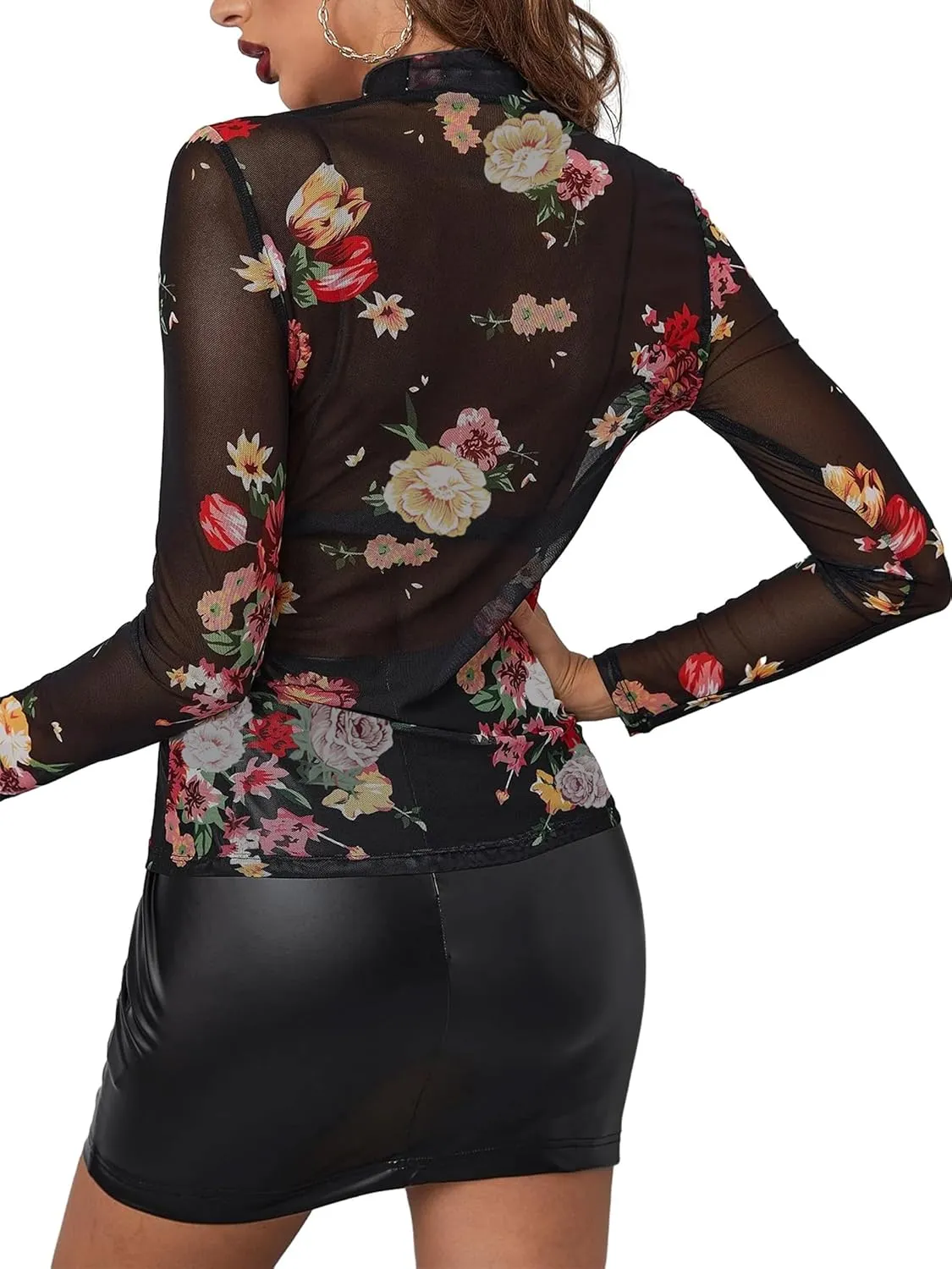OFEEFAN Mesh Long Sleeve Tops for Women Trendy Fashion Western Shirts See Through Going Out Tops for Women S-3XL