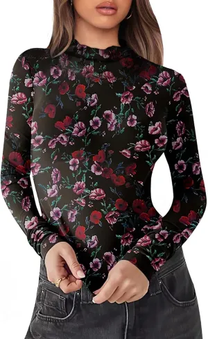 OFEEFAN Mesh Long Sleeve Tops for Women Trendy Fashion Western Shirts See Through Going Out Tops for Women S-3XL