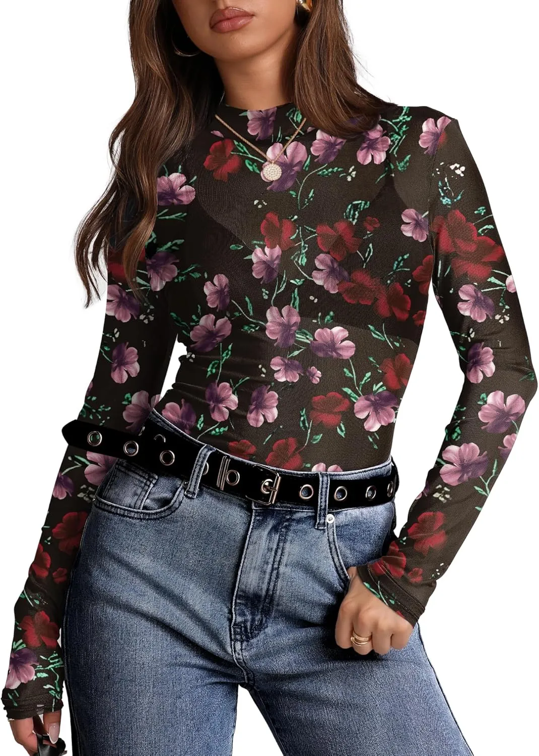 OFEEFAN Mesh Long Sleeve Tops for Women Trendy Fashion Western Shirts See Through Going Out Tops for Women S-3XL