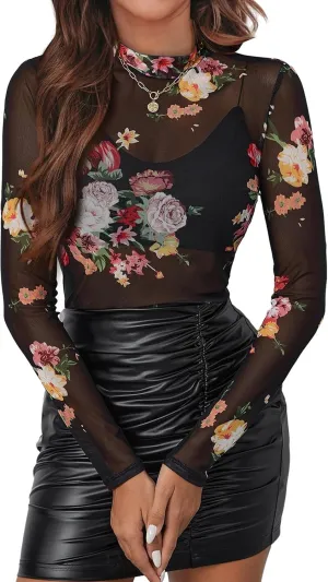 OFEEFAN Mesh Long Sleeve Tops for Women Trendy Fashion Western Shirts See Through Going Out Tops for Women S-3XL