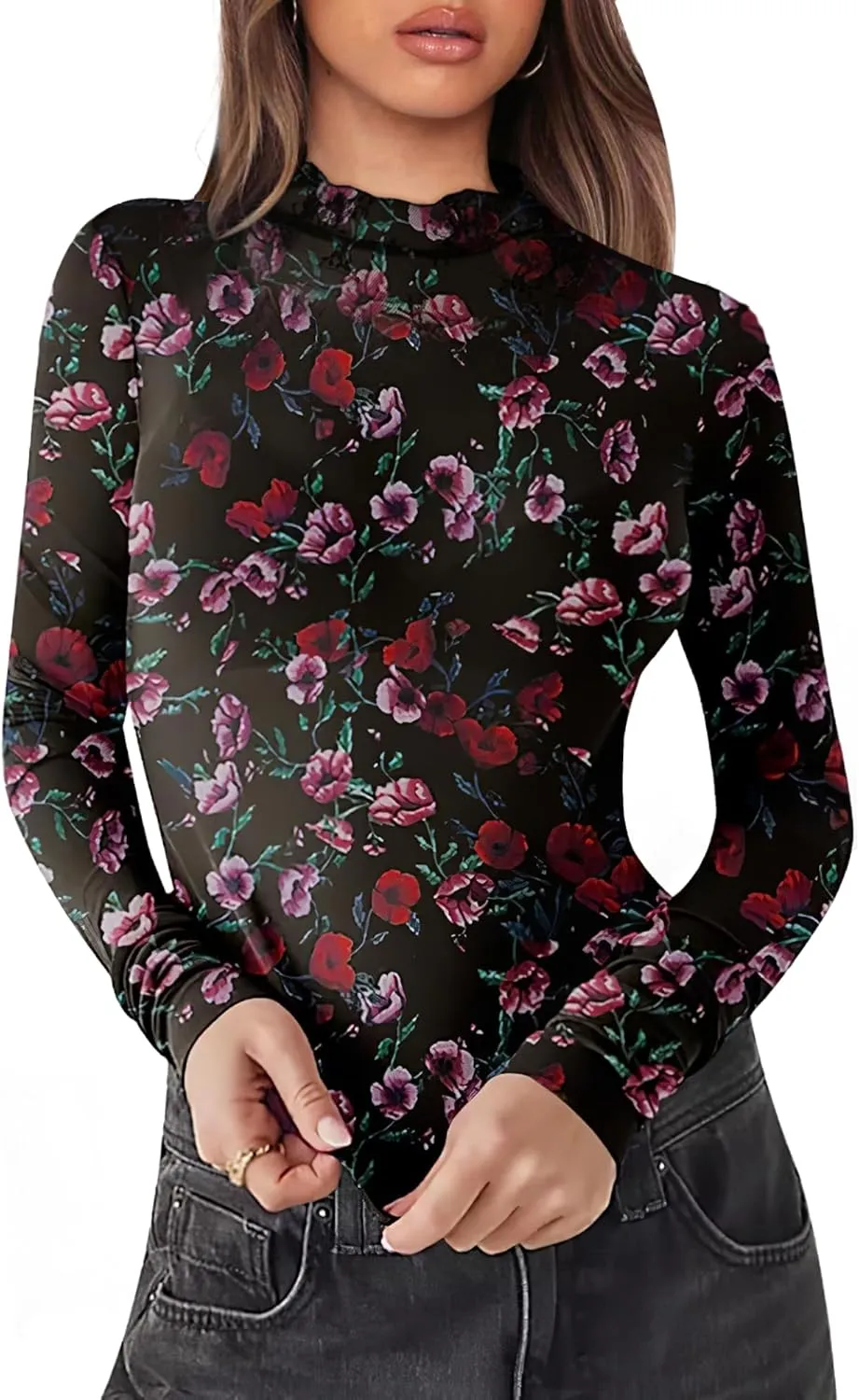 OFEEFAN Mesh Long Sleeve Tops for Women Trendy Fashion Western Shirts See Through Going Out Tops for Women S-3XL