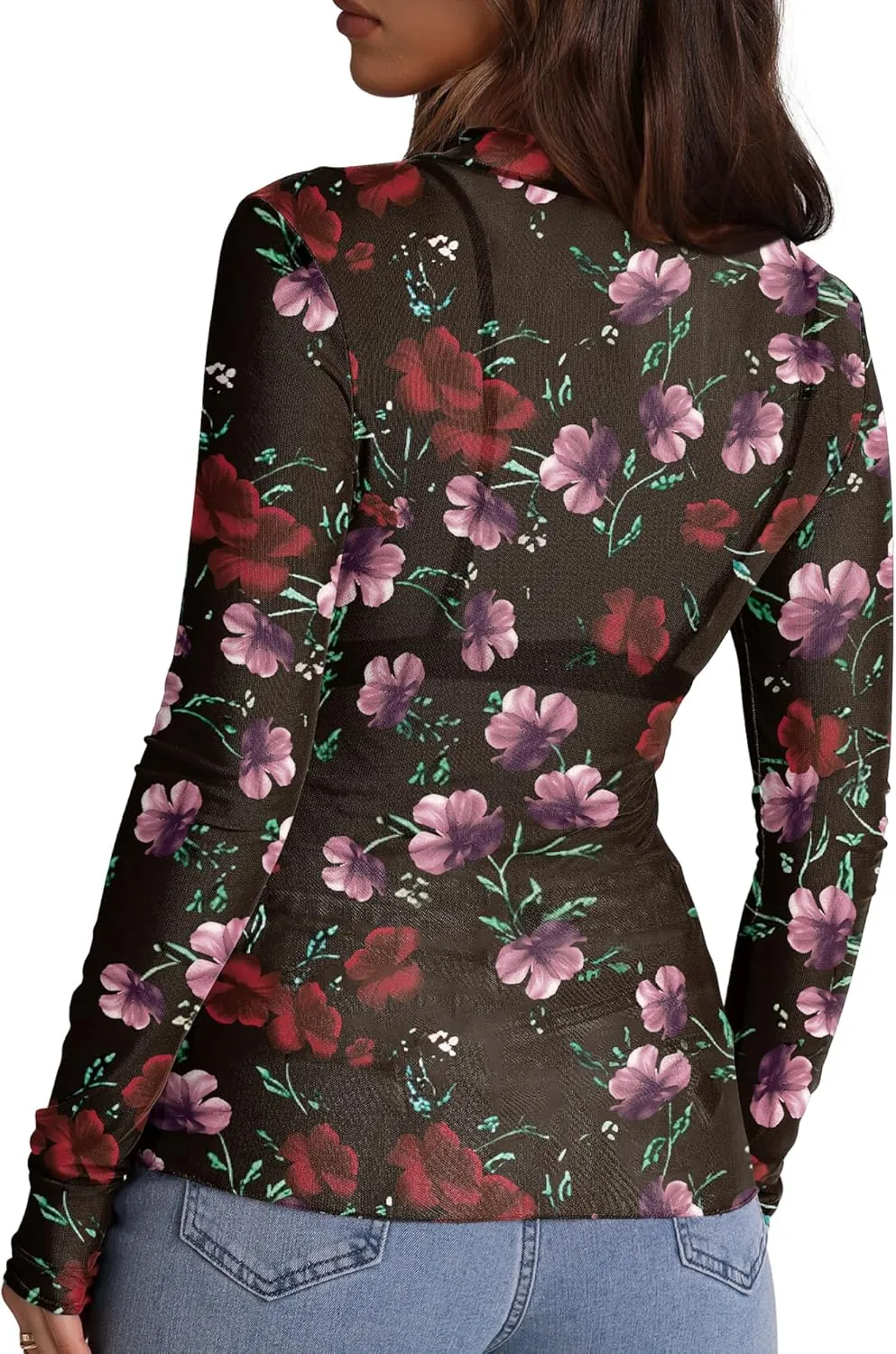 OFEEFAN Mesh Long Sleeve Tops for Women Trendy Fashion Western Shirts See Through Going Out Tops for Women S-3XL