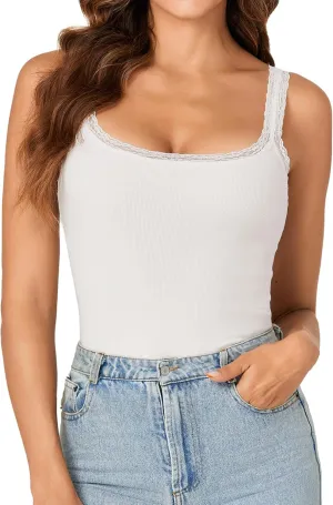 OPOIPIN Women's Lace Trim Camisole Scoop Neck Ribbed Knit Sleeveless Cami Tank Top