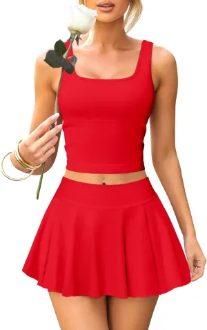 OQQ Women's 2 Piece Mini Skirt Sets Casual Summer Knit Cropped Tank Top with Sport Bra High Waisted Mini Skirts Outfit