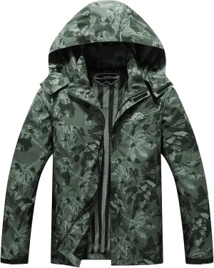 OTU Men's Lightweight Waterproof Hooded Rain Jacket Outdoor Raincoat Shell Jacket for Hiking Travel Army Green Camo L