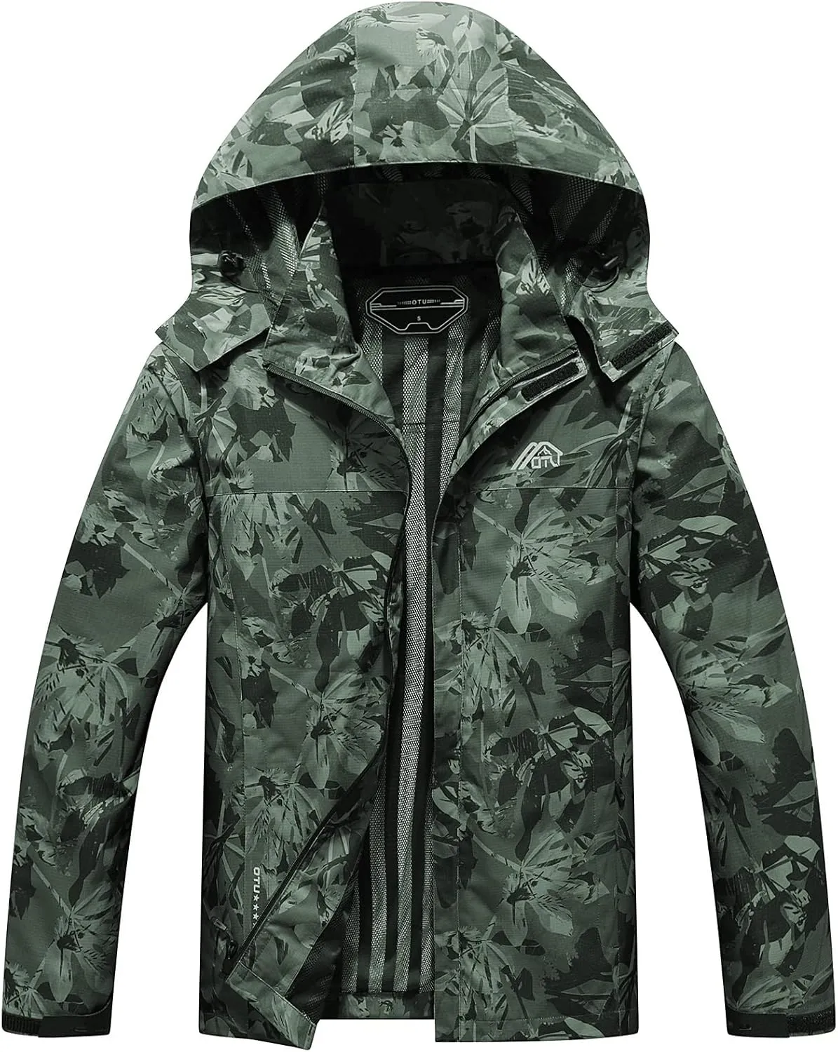OTU Men's Lightweight Waterproof Hooded Rain Jacket Outdoor Raincoat Shell Jacket for Hiking Travel Army Green Camo L