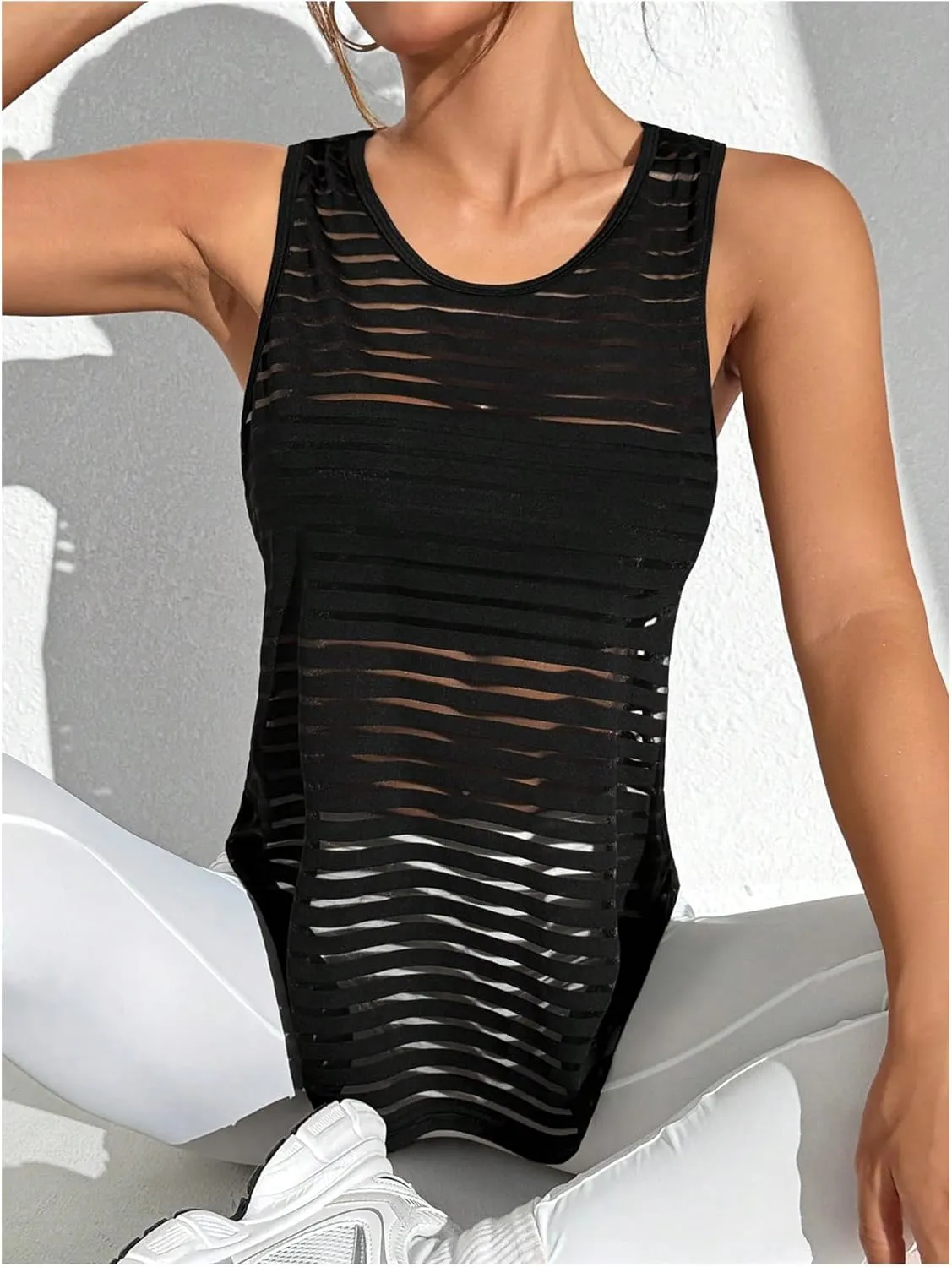 OYOANGLE Women's Striped Sheer Sports Tank Top Sleeveless Athletic Shirts Active Gym Tops Activewear