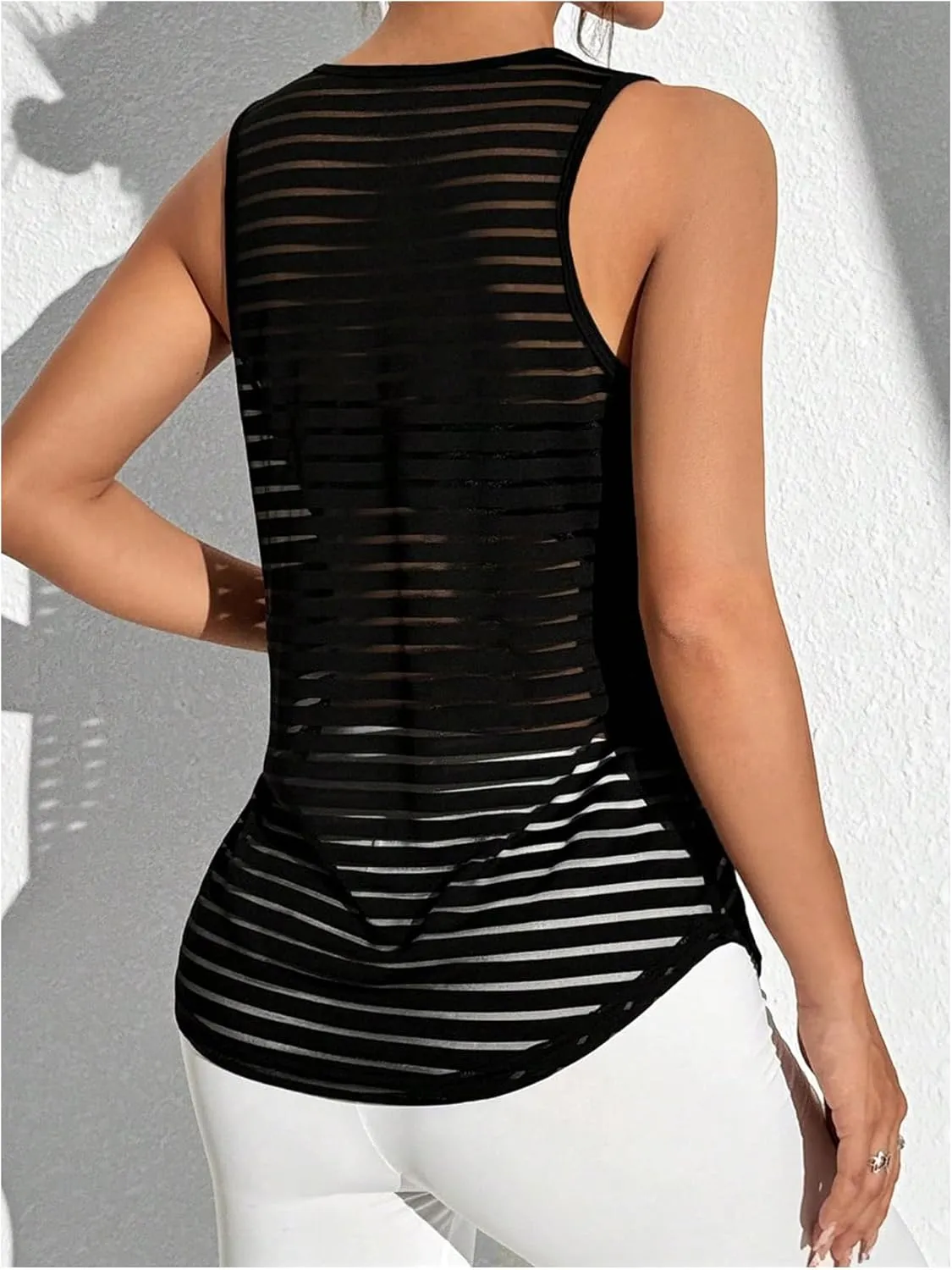 OYOANGLE Women's Striped Sheer Sports Tank Top Sleeveless Athletic Shirts Active Gym Tops Activewear