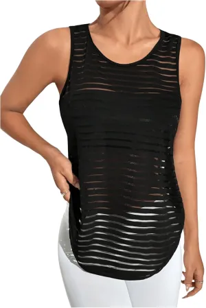 OYOANGLE Women's Striped Sheer Sports Tank Top Sleeveless Athletic Shirts Active Gym Tops Activewear