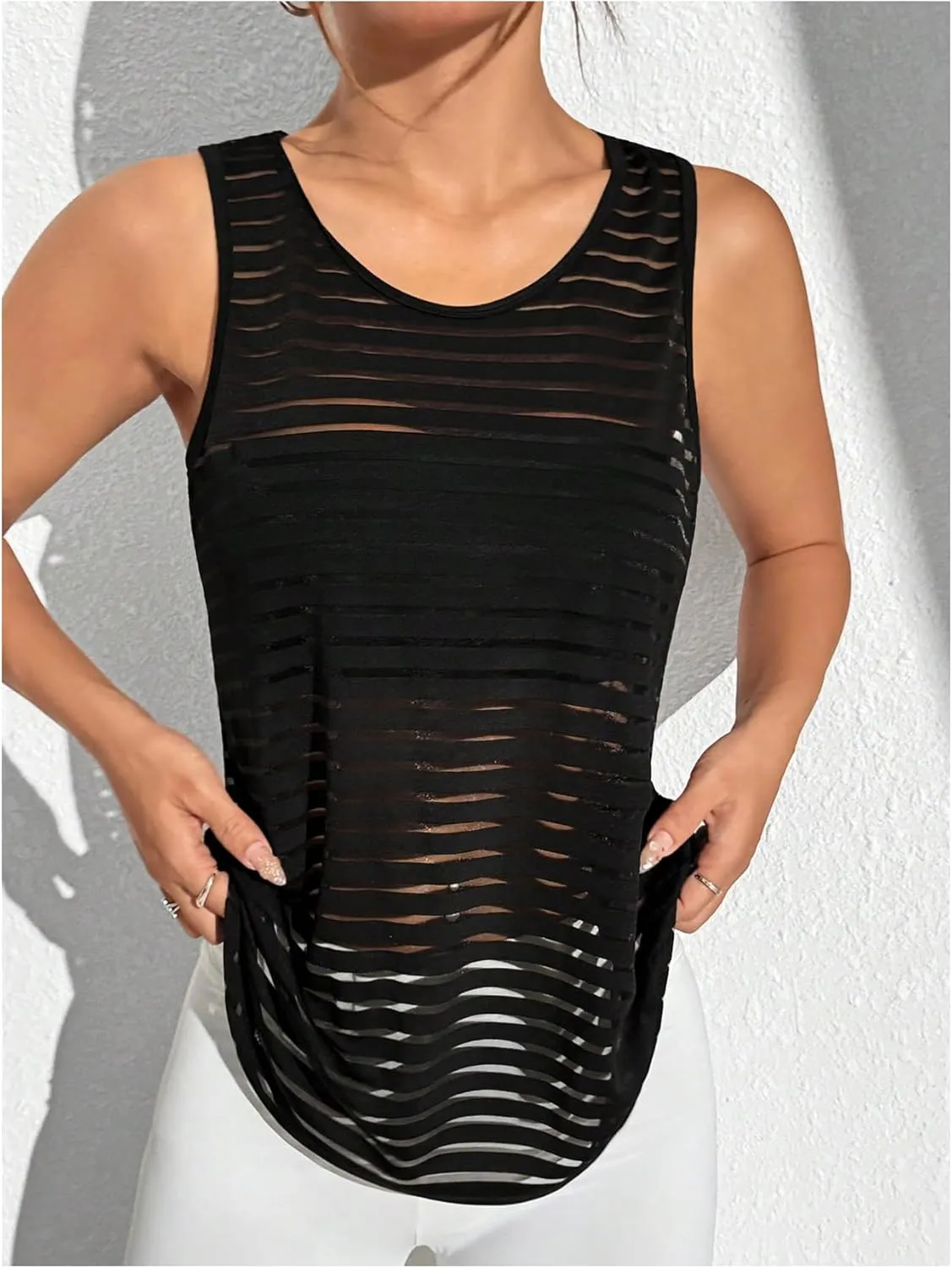 OYOANGLE Women's Striped Sheer Sports Tank Top Sleeveless Athletic Shirts Active Gym Tops Activewear