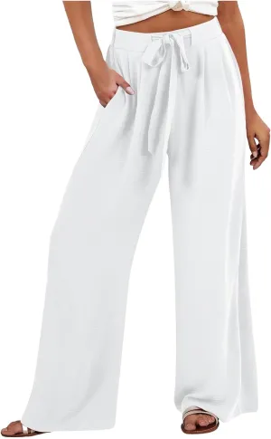 Palazzo Pants for Women Casual Wide Leg Pants Ruffle Smocked High Waisted Pant Flowy Boho Beach Trousers with Pocket