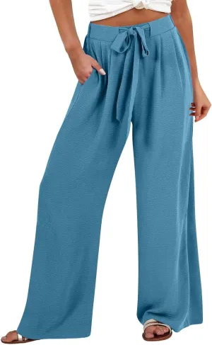 Palazzo Pants for Women Casual Wide Leg Pants Ruffle Smocked High Waisted Pant Flowy Boho Beach Trousers with Pocket