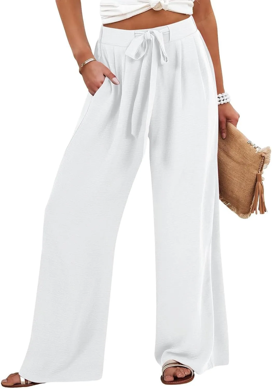 Palazzo Pants for Women Casual Wide Leg Pants Ruffle Smocked High Waisted Pant Flowy Boho Beach Trousers with Pocket