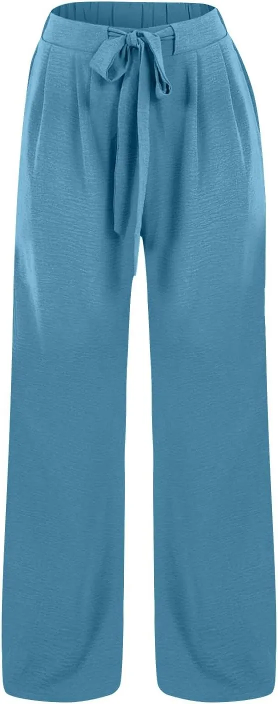 Palazzo Pants for Women Casual Wide Leg Pants Ruffle Smocked High Waisted Pant Flowy Boho Beach Trousers with Pocket