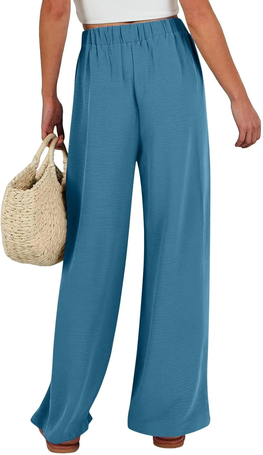 Palazzo Pants for Women Casual Wide Leg Pants Ruffle Smocked High Waisted Pant Flowy Boho Beach Trousers with Pocket