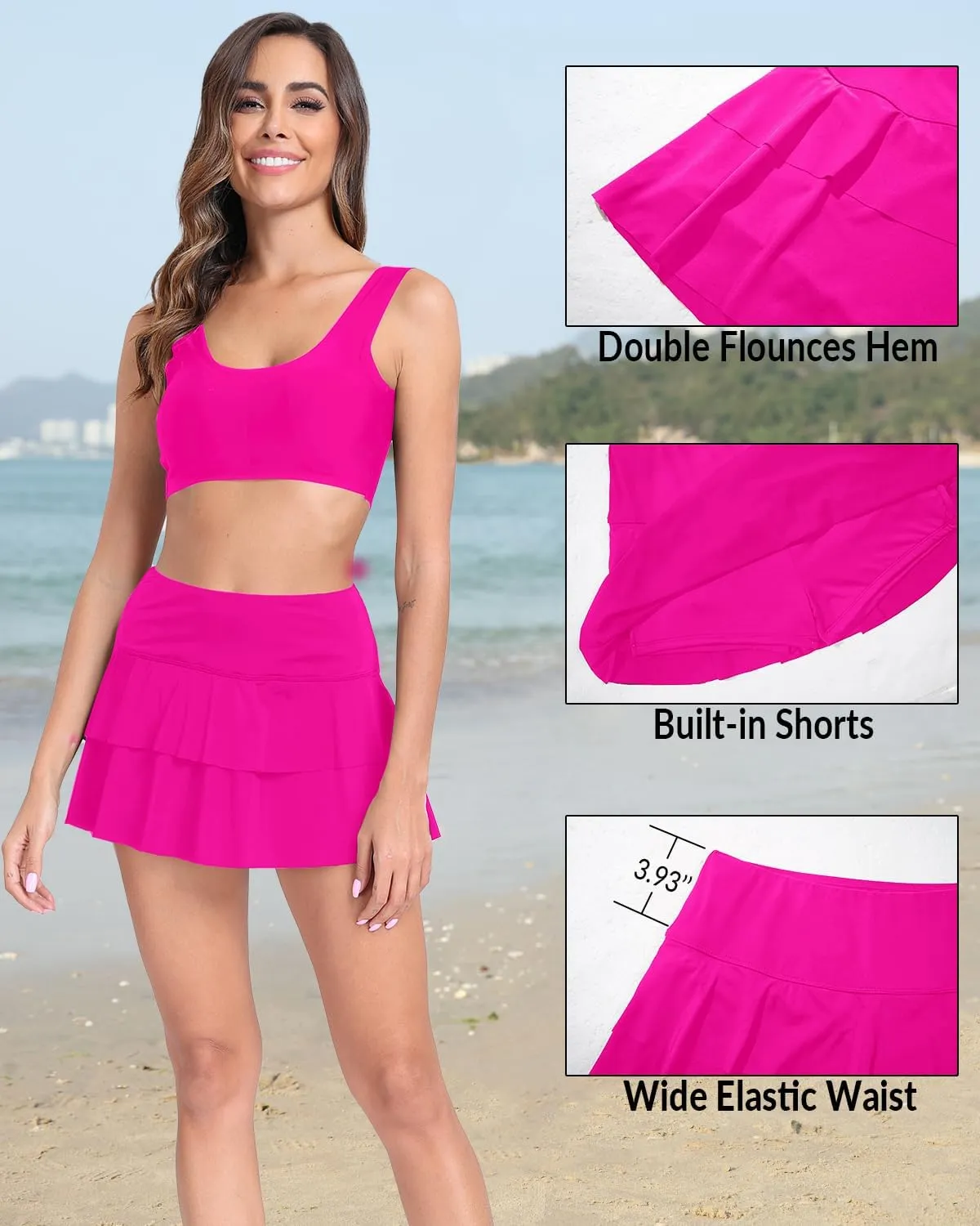 Pinup Fashion High Waisted Swim Skirt - Women Ruched Ruffle Bathing Suit Bottom Skorts with Built-in Shorts