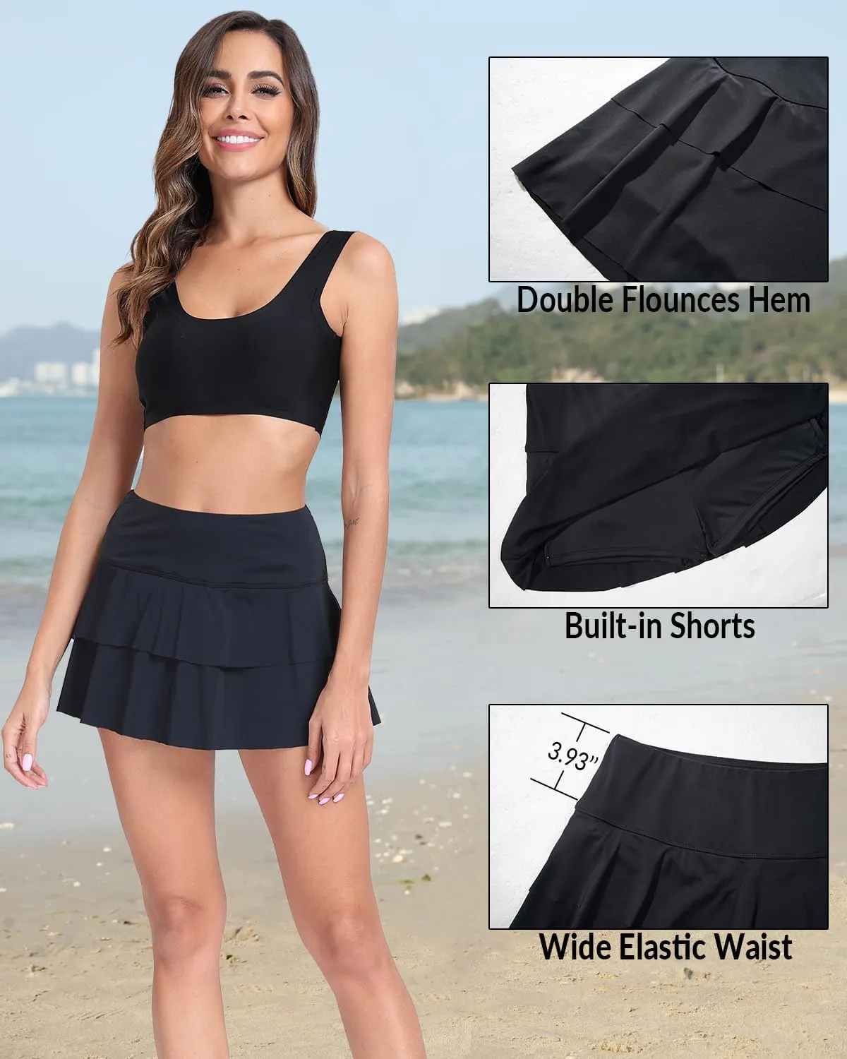 Pinup Fashion High Waisted Swim Skirt - Women Ruched Ruffle Bathing Suit Bottom Skorts with Built-in Shorts