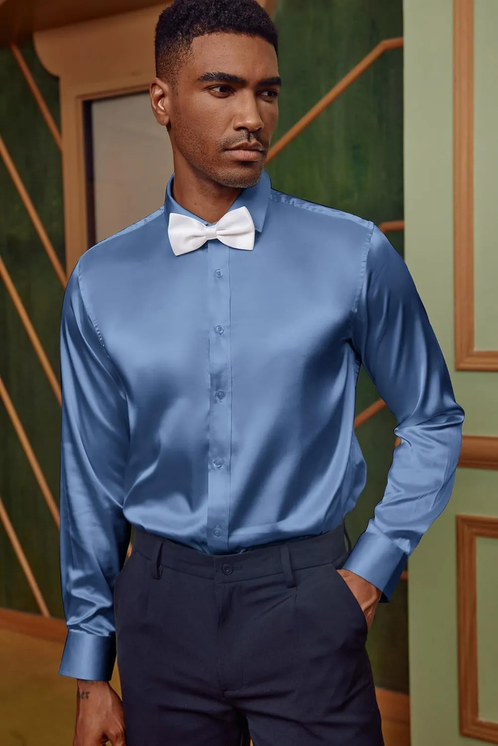 PJ PAUL JONES Men's Shiny Satin Dress Shirts Long Sleeve Button Down Silk Shirt with Bow Tie