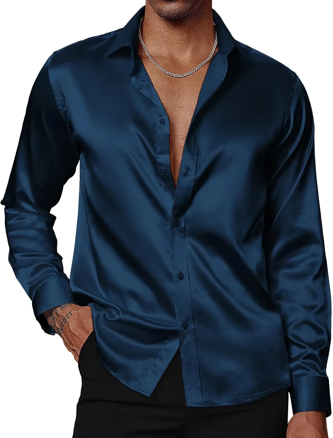PJ PAUL JONES Men's Shiny Satin Dress Shirts Long Sleeve Button Down Silk Shirt with Bow Tie