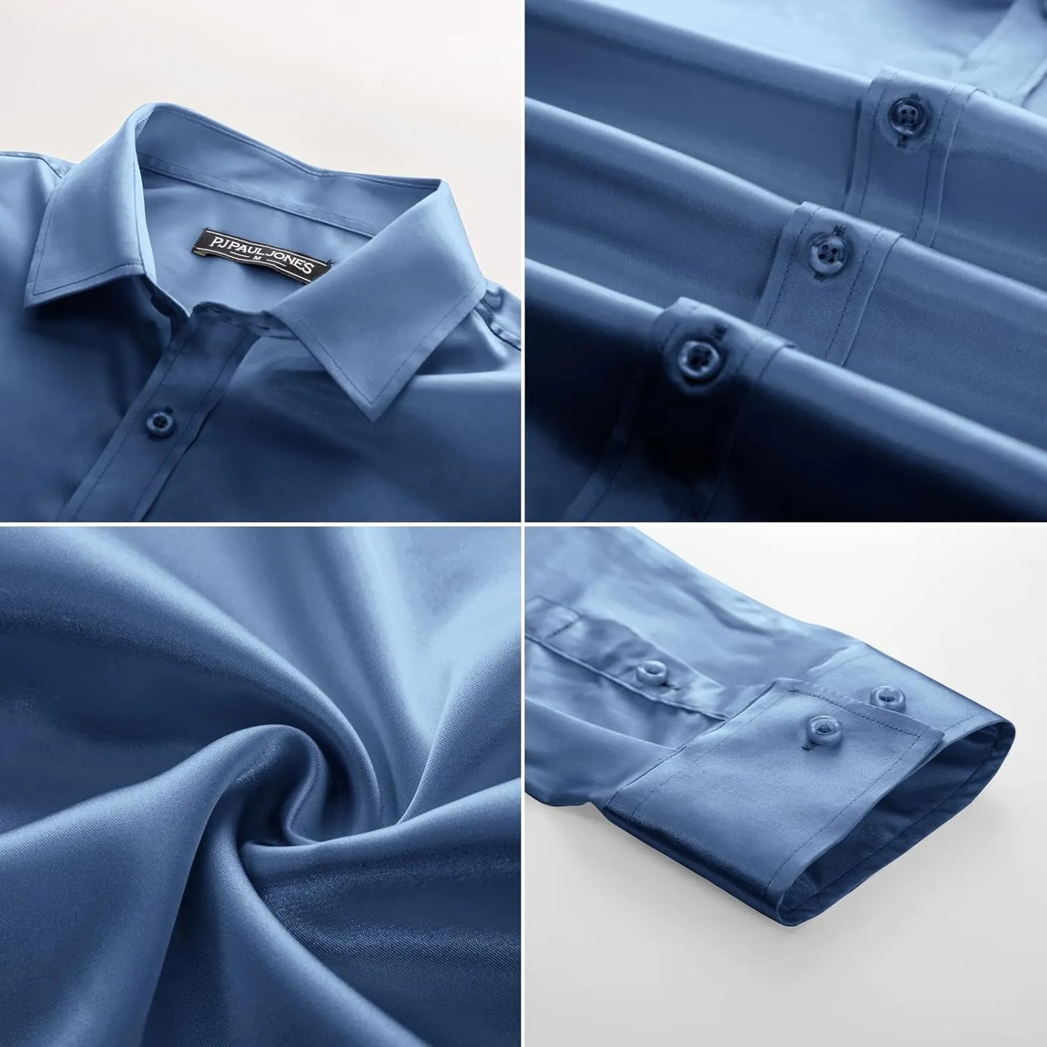PJ PAUL JONES Men's Shiny Satin Dress Shirts Long Sleeve Button Down Silk Shirt with Bow Tie