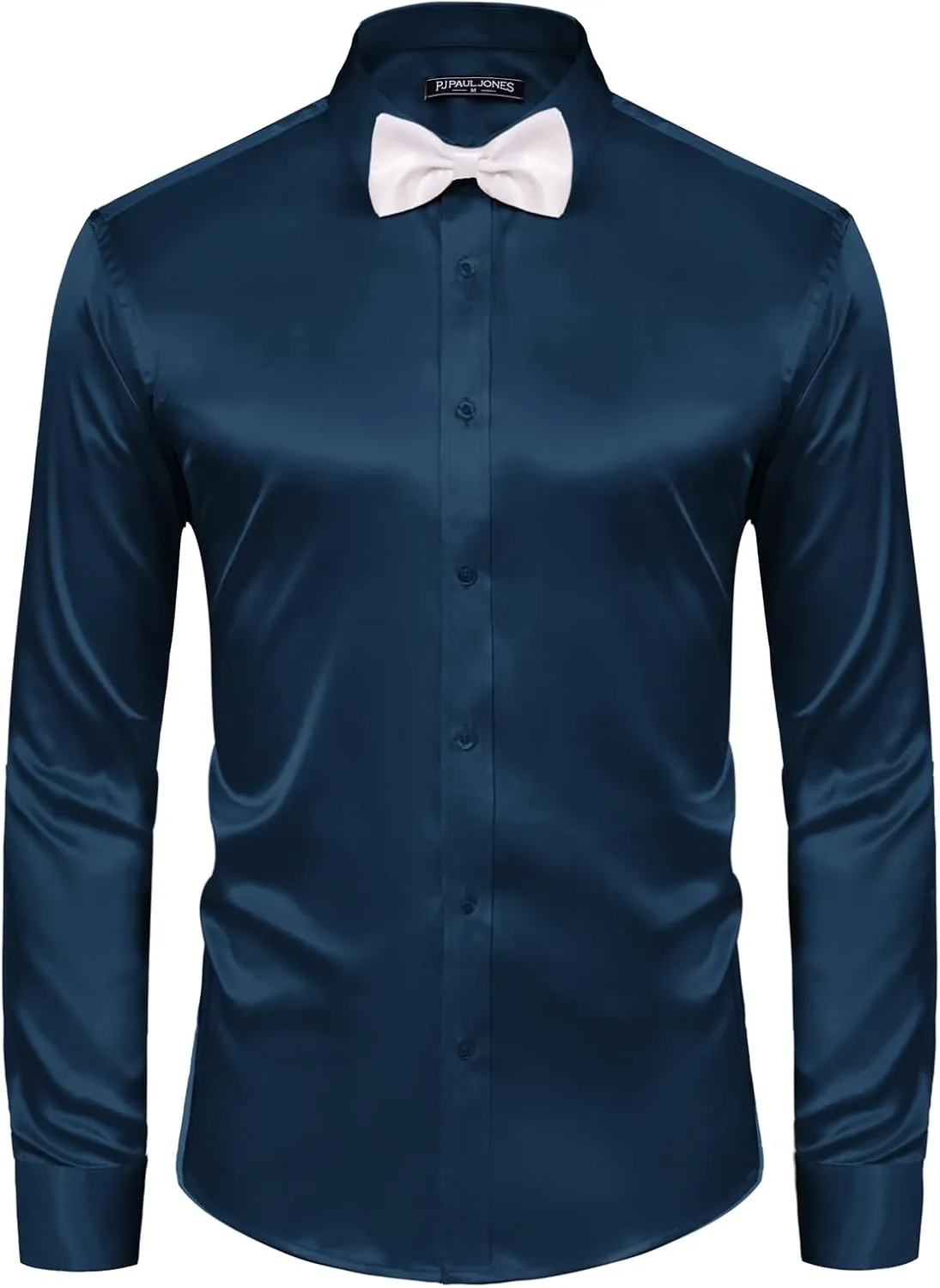 PJ PAUL JONES Men's Shiny Satin Dress Shirts Long Sleeve Button Down Silk Shirt with Bow Tie