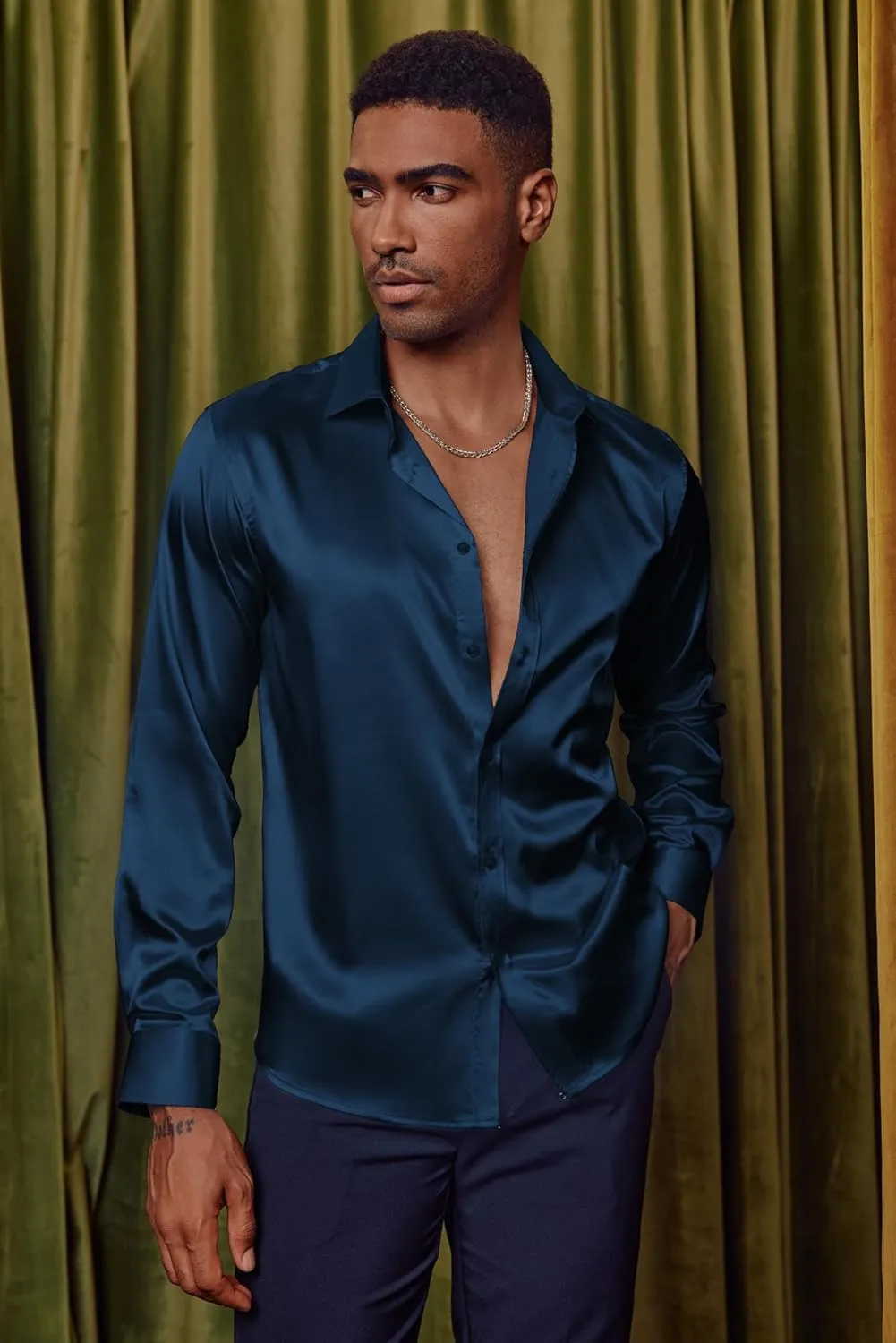 PJ PAUL JONES Men's Shiny Satin Dress Shirts Long Sleeve Button Down Silk Shirt with Bow Tie