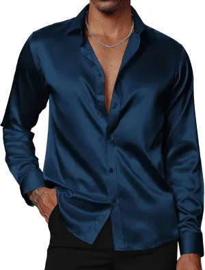 PJ PAUL JONES Men's Shiny Satin Dress Shirts Long Sleeve Button Down Silk Shirt with Bow Tie