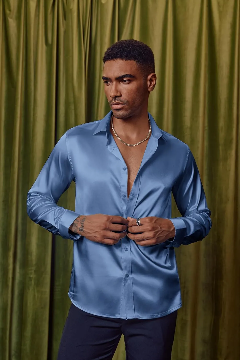 PJ PAUL JONES Men's Shiny Satin Dress Shirts Long Sleeve Button Down Silk Shirt with Bow Tie
