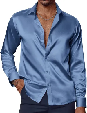 PJ PAUL JONES Men's Shiny Satin Dress Shirts Long Sleeve Button Down Silk Shirt with Bow Tie