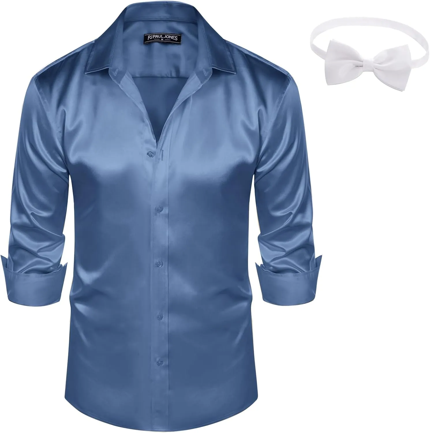 PJ PAUL JONES Men's Shiny Satin Dress Shirts Long Sleeve Button Down Silk Shirt with Bow Tie