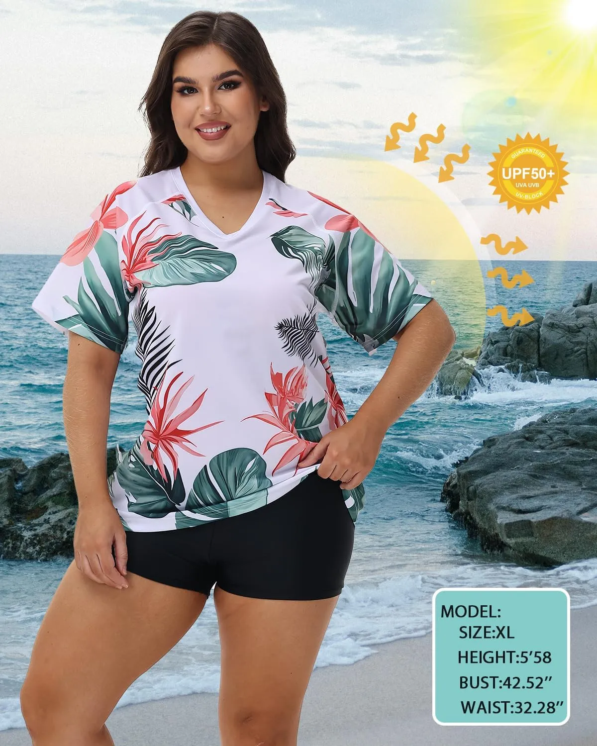 Plus Size Rash Guard for Women Sun Protection Swim Shirts Short Sleeve Loose Fit UPF 50  Quick Dry Swimming Tops