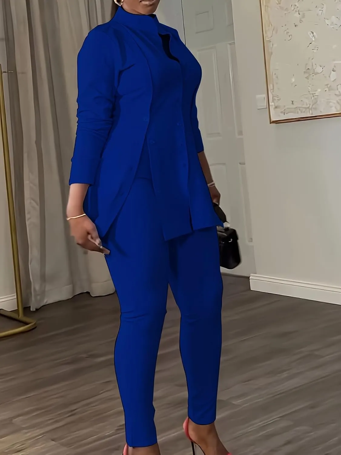 Plus Size Women's Button-Front Blazer and Pants Set, Curvy Long Sleeve Professional Two-Piece Suit