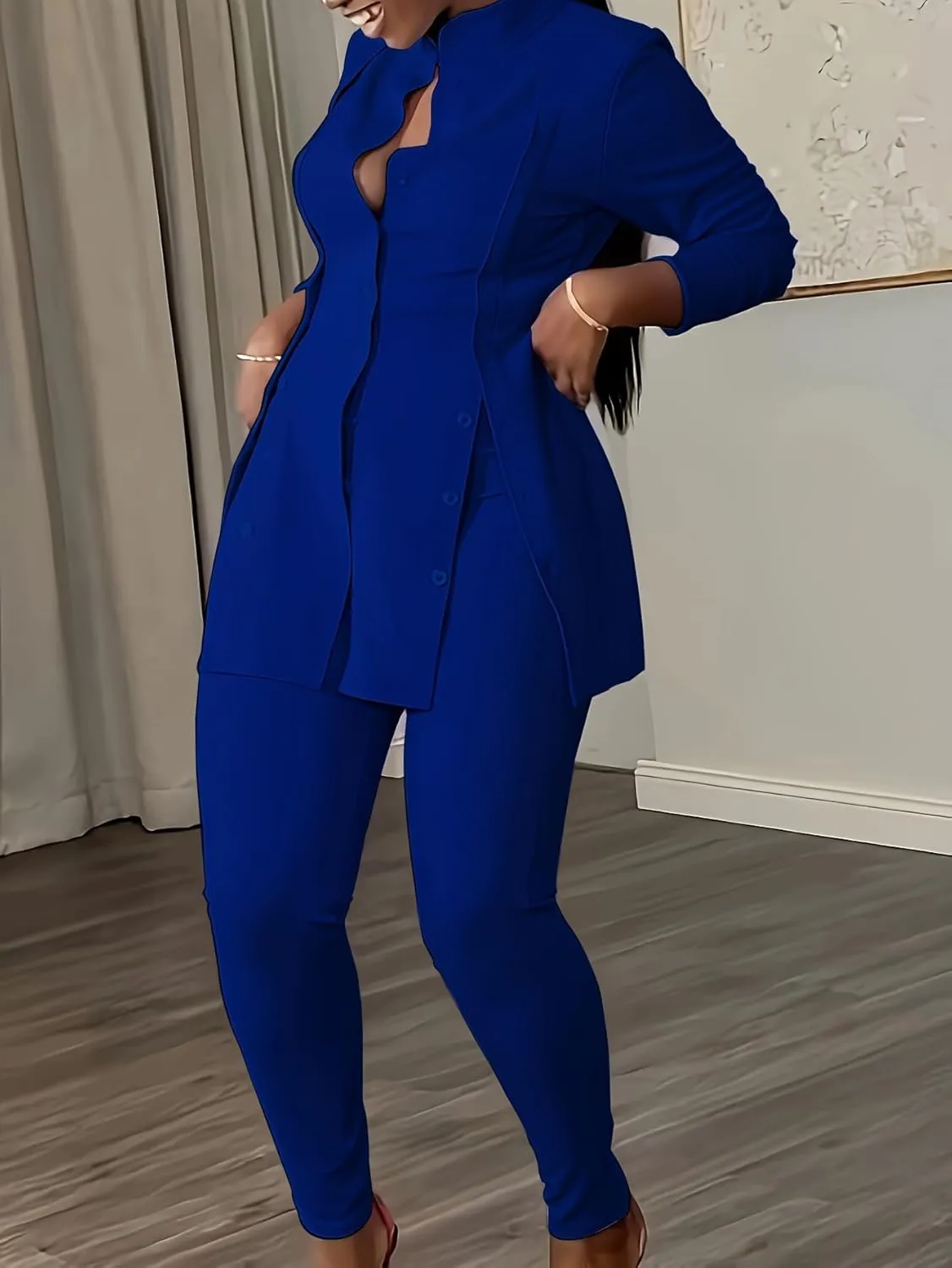 Plus Size Women's Button-Front Blazer and Pants Set, Curvy Long Sleeve Professional Two-Piece Suit
