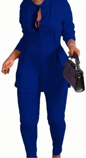 Plus Size Women's Button-Front Blazer and Pants Set, Curvy Long Sleeve Professional Two-Piece Suit