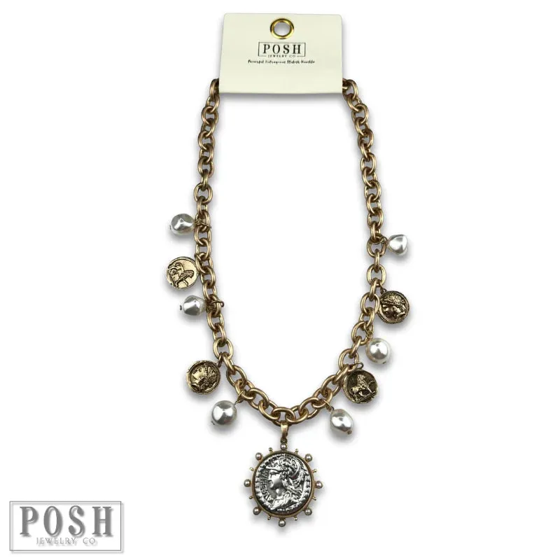 Posh Jewelry Co. Coin and Pearl Bead Charm Necklace