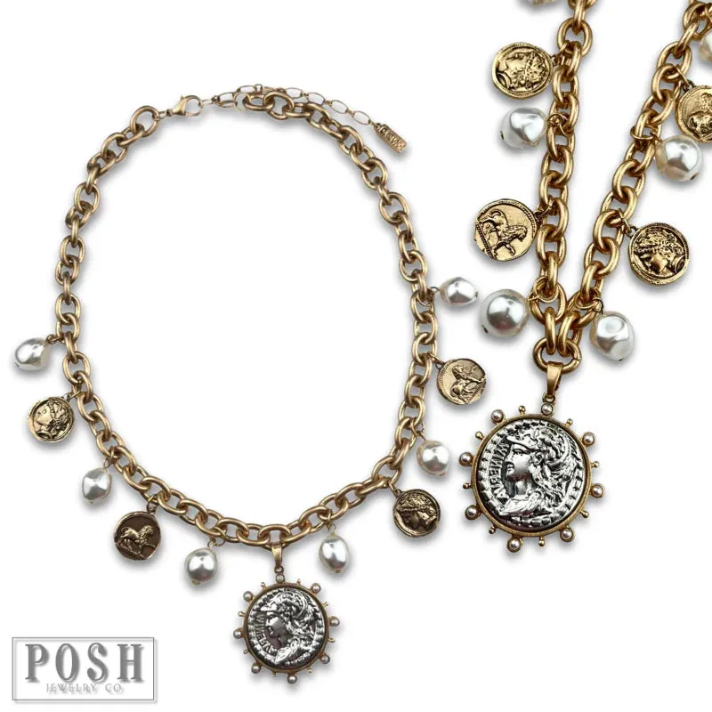 Posh Jewelry Co. Coin and Pearl Bead Charm Necklace