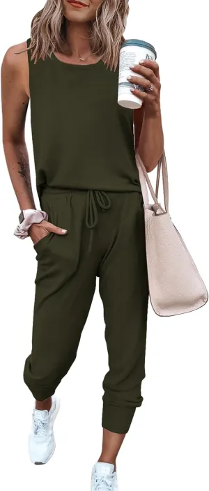 PRETTYGARDEN Women's Two Piece Outfit Sets Casual Summer Sleeveless Crewneck Tops and Sweatpants Active Tracksuit Lounge Wear