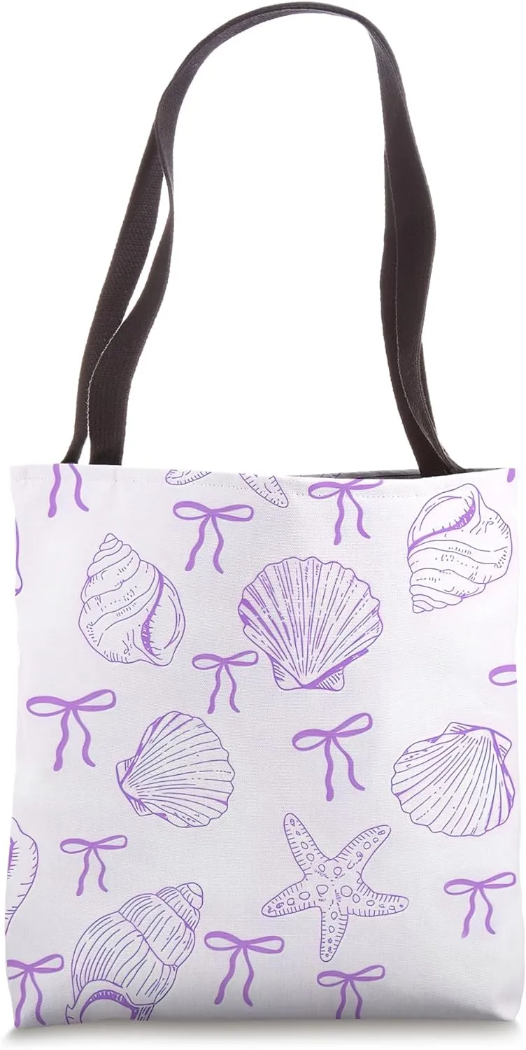 Purple Preppy Coastal Seashell Ribbon Bows Pattern Girly Bow Tote Bag
