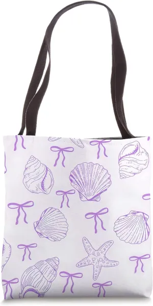 Purple Preppy Coastal Seashell Ribbon Bows Pattern Girly Bow Tote Bag