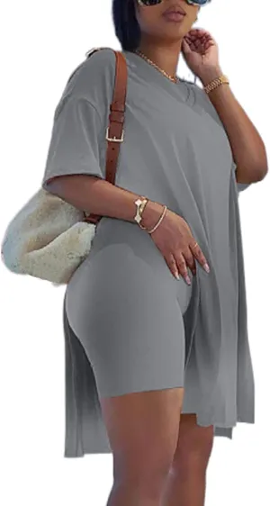 qfmqkpi Womens Casual 2 Piece Outfits V Neck Side Split Tops and Shorts Set Tracksuit