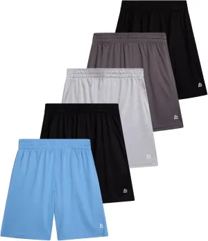 RBX Boys' Active Shorts - 5 Pack Sports Performance Mesh Gym Shorts with Elastic Waistband and Heat Seal Logo (Sizes: 8-16)