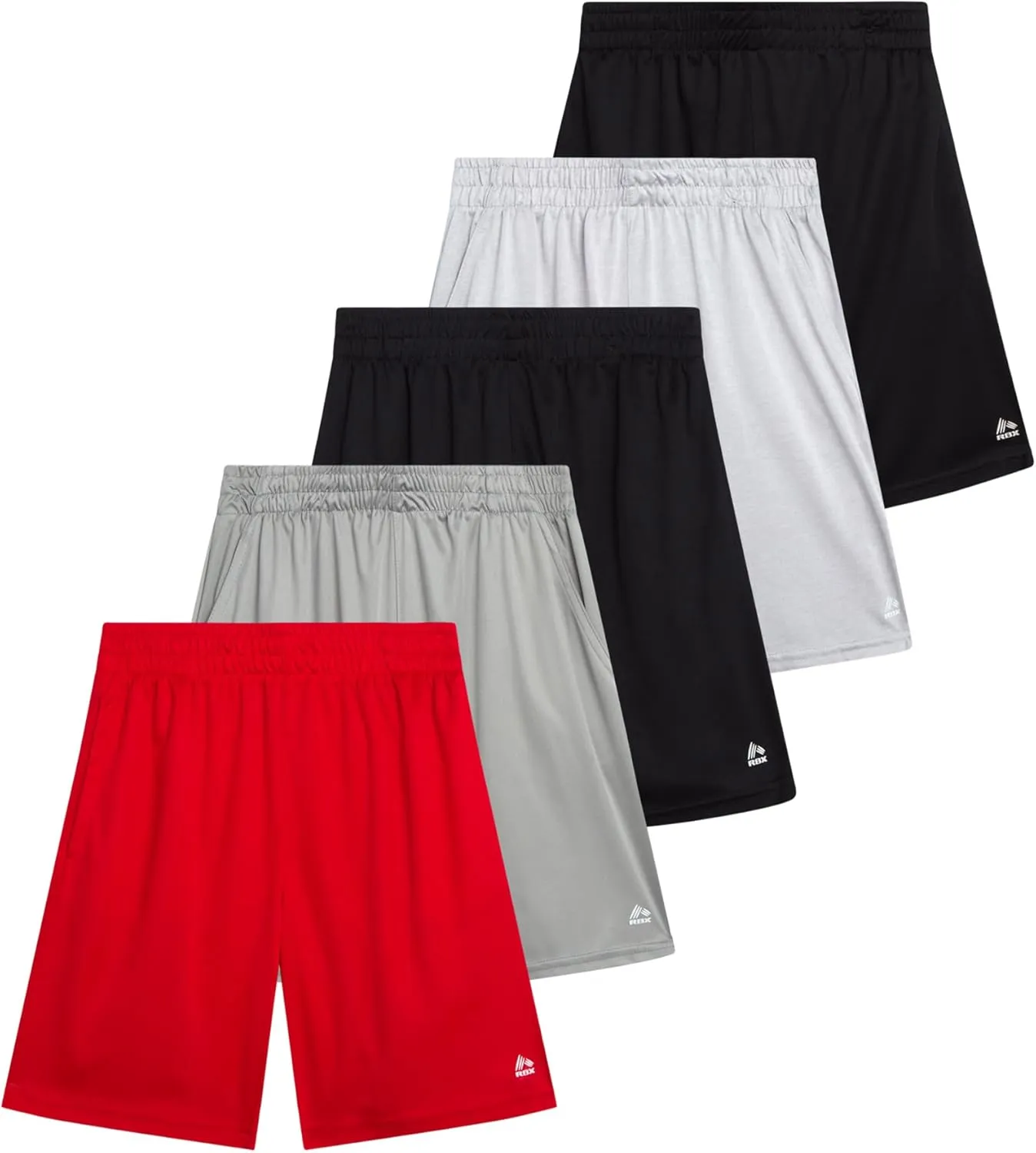 RBX Boys' Active Shorts - 5 Pack Sports Performance Mesh Gym Shorts with Elastic Waistband and Heat Seal Logo (Sizes: 8-16)